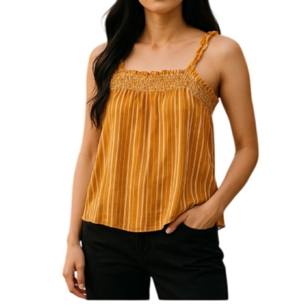 BANANA REPUBLIC Striped Embroidered Smock-Neck Tank Top Honey Orange Ruffled S